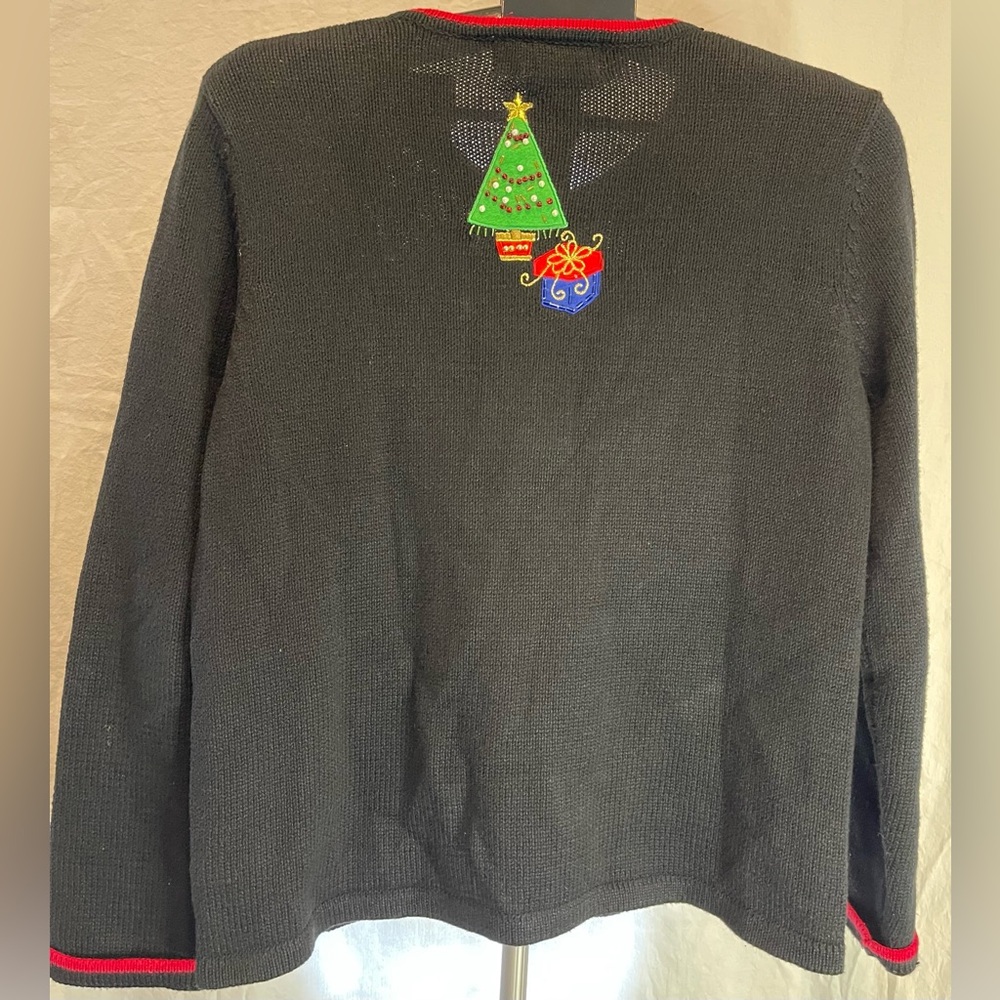 VTG Tiara Int'l M Black Ugly Christmas Sweater Zipper Cardigan Santa Embroidered - Picture 7 of 11